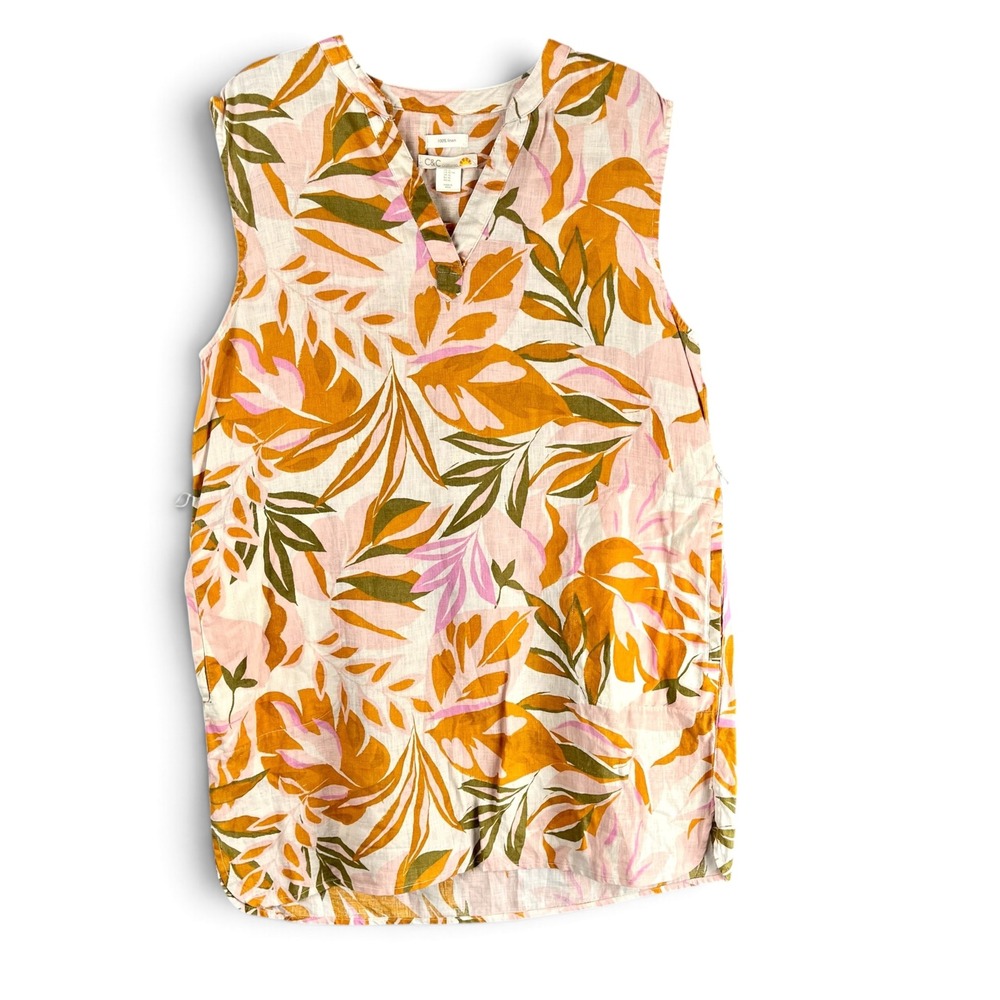 C&C California Linen Tropical Leaf Sleeveless Dress Tunic XL Pink Yellow Green